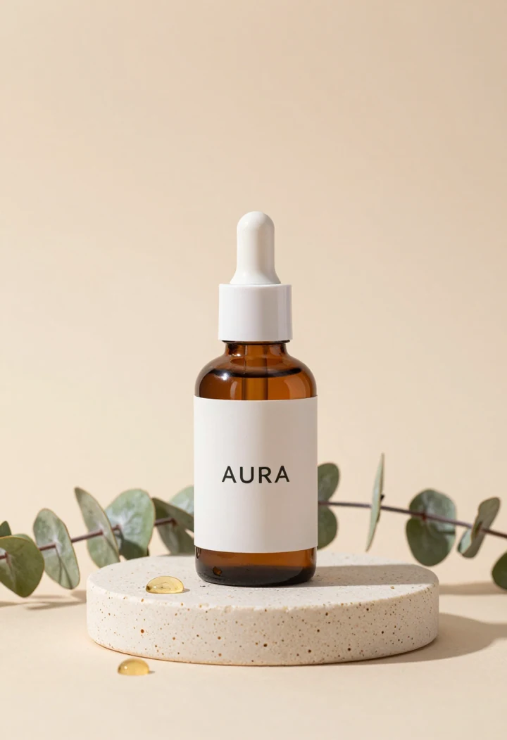 AURA amber serum bottle on a cream stone plinth.