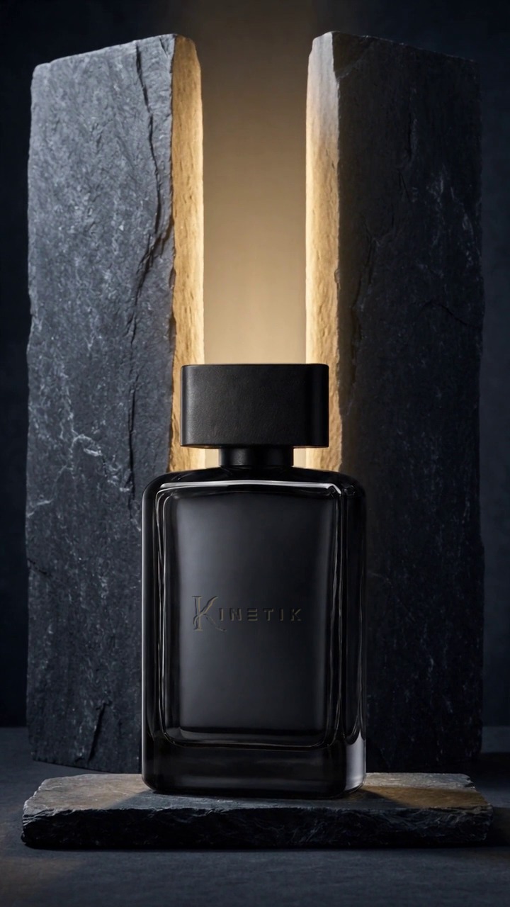 KINETIK reference artwork: a dark Mineral bottle framed by stone and warm gold light.