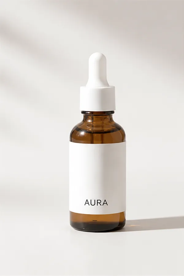 Clean amber AURA beauty bottle on a controlled white studio sweep