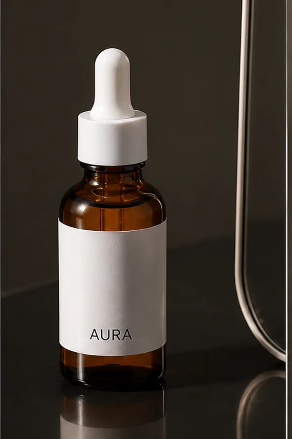Three-quarter synthetic AURA bottle example on a controlled reflective vanity surface