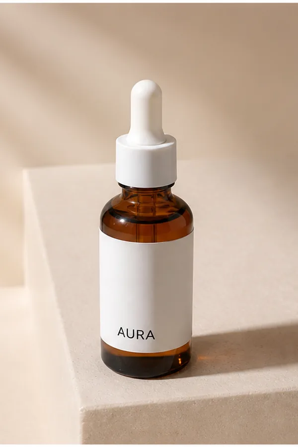 Three-quarter synthetic AURA bottle example on a warm stone plinth