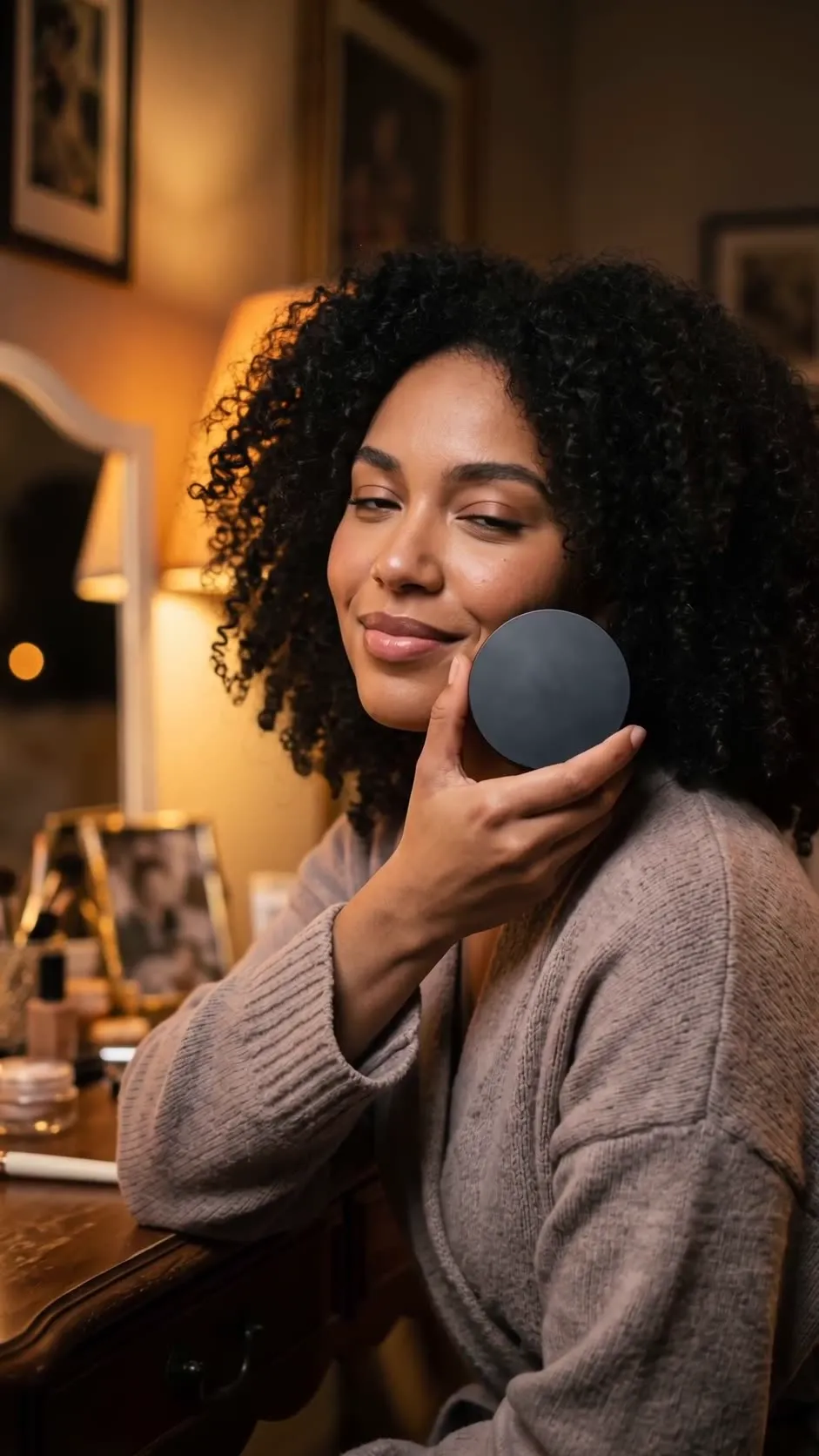 Synthetic adult creator-style beauty study at a dark vanity beside a fictional black compact