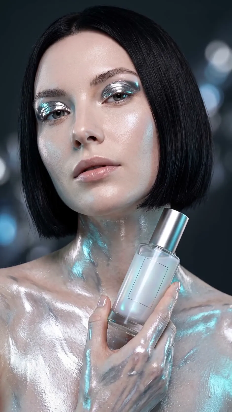 Synthetic adult beauty model in refracted silver light beside a fictional opalescent serum